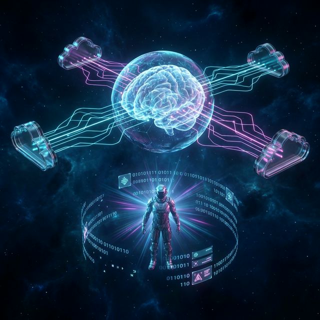 AI DevOps Assistant Hero - holographic brain connected to cloud infrastructure